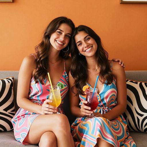 Photograph of two smiling women with long brown hair, wearing colorful, patterned dresses, sitting on a gray sofa, holding tropical drinks with straws