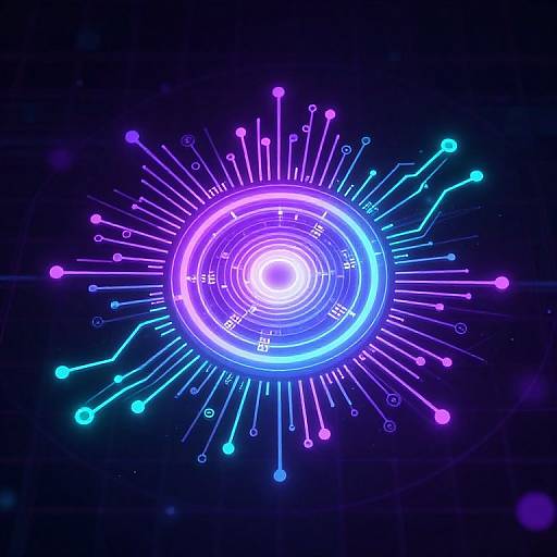 Neon digital artwork of a glowing, circular, blue and purple interface with radiating lines and dots against a dark background.