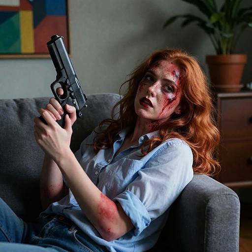 Intense Woman with Gun in Dark Room