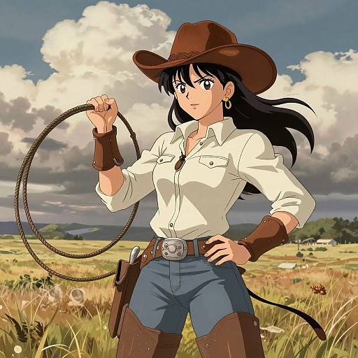 Anime-style digital drawing of a confident, black-haired cowgirl in white shirt, blue jeans, brown belt, boots, and hat, holding a l