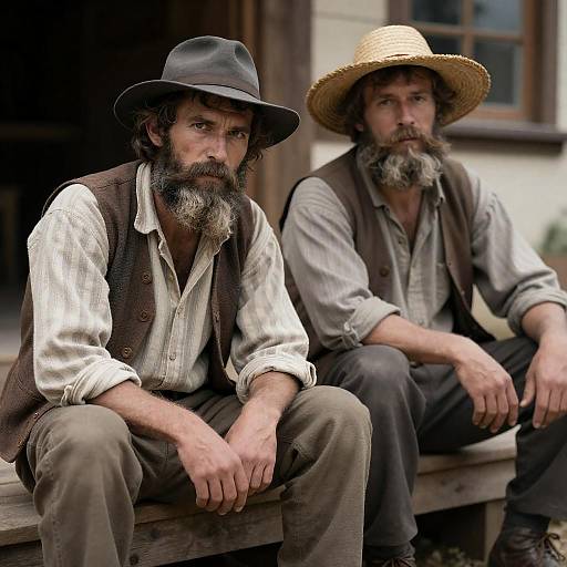 Two Men in 19th Century Clothing Sitting on Wooden Steps