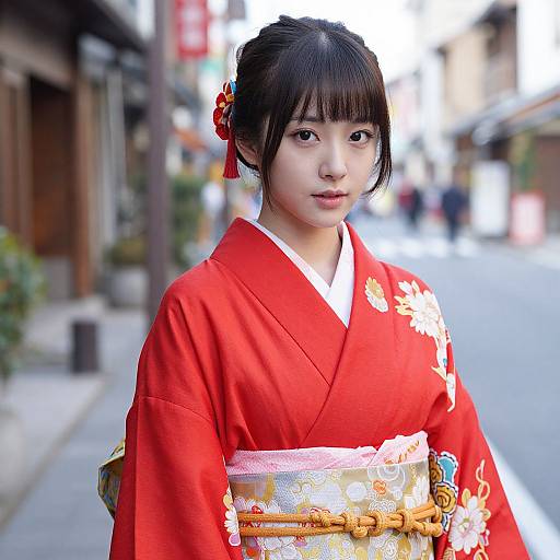 Photograph of an Asian woman in a vibrant red kimono with floral embroidery and gold sash, standing on a bustling urban street.