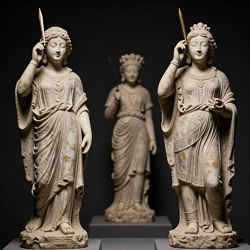 Photograph of three detailed, ancient stone statues of female figures in flowing robes, holding weapons, with intricate hairstyles and drapery, displayed against a