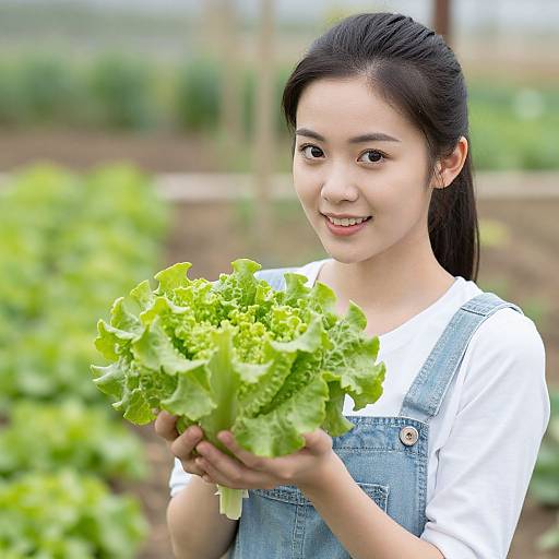 Young Asian woman with black hair in a ponytail, wearing denim overalls and white shirt, smiling while holding fresh green lettuce in a vibrant garden.