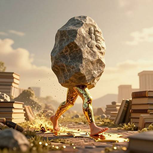 CGI image of a person with colorful, patterned legs, carrying a large, textured rock, walking barefoot through a sunlit, rubble-st