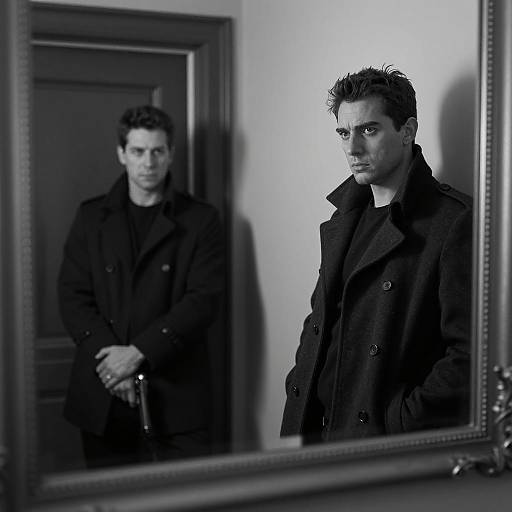 Black and White Photo of Two Men with Gun and Mirror Reflection