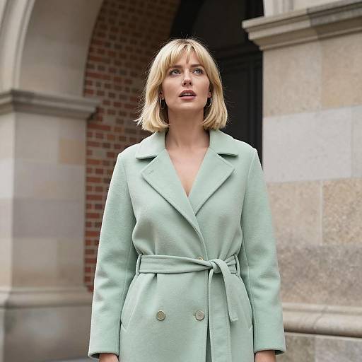 Blonde woman in light green coat outdoors