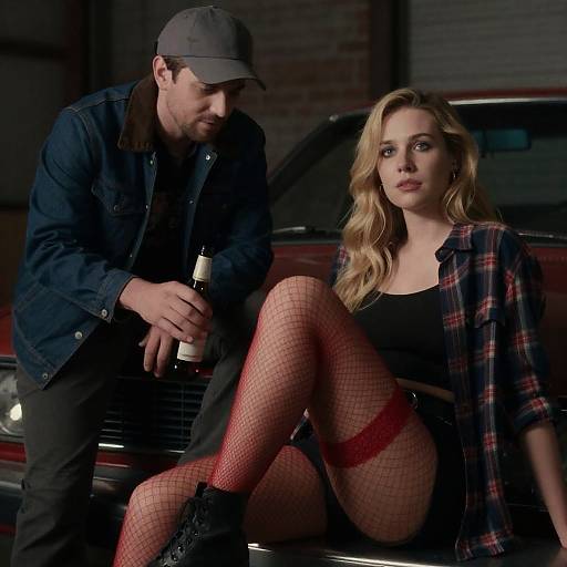 Young Couple in Industrial Setting with Red Car