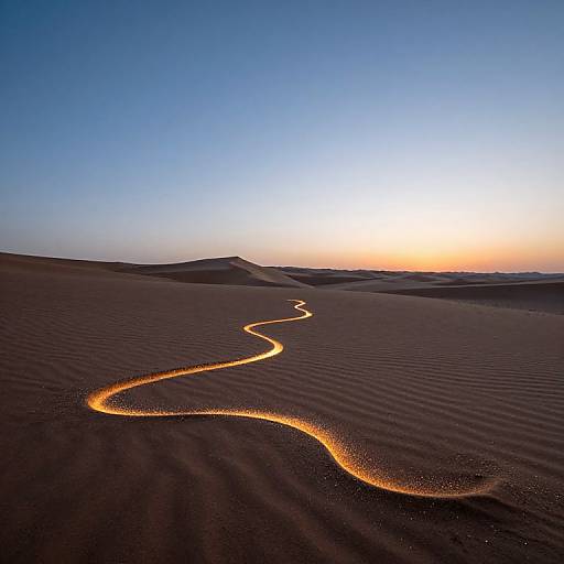 Photograph of a glowing, serpentine trail of light cutting through rippled, dark sand dunes under a gradient sky from deep blue to orange