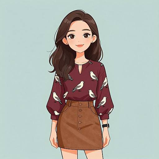 Digital anime-style illustration of a smiling woman with long black hair, wearing a maroon bird-patterned top and brown buttoned skirt, against a light
