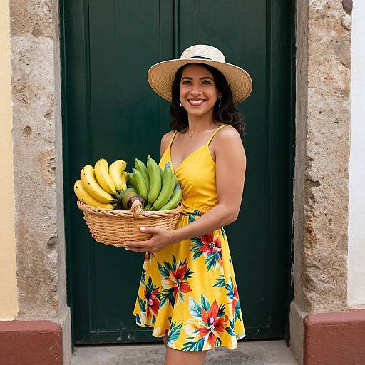 Cheerful Woman with Fruit Basket