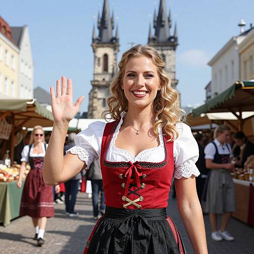 Photograph of a smiling blonde woman in a red and black dirndl, waving in a sunny market street with Gothic church in background.
