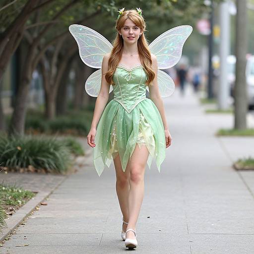 Photograph of a young woman with long brown hair, wearing a green fairy dress, translucent wings, crown, and white shoes, walking on a tree