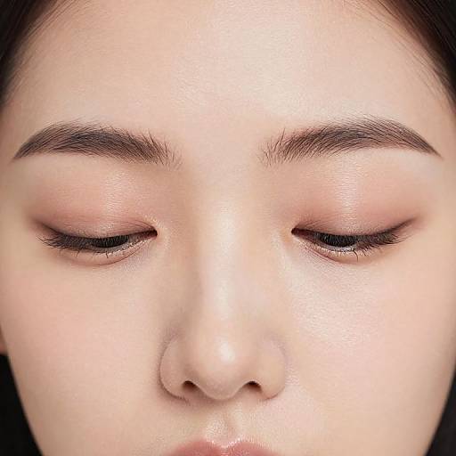 Close-up photograph of an Asian woman's face with fair skin, closed eyes, natural eyebrows, and subtle pink eyeshadow, against a black background