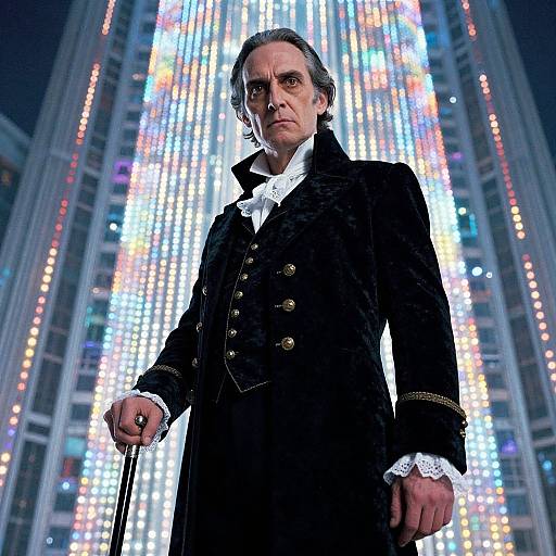 Photograph of a stern-faced man in a black velvet coat with gold buttons, white lace cuffs, holding a cane, against a backdrop of glowing,