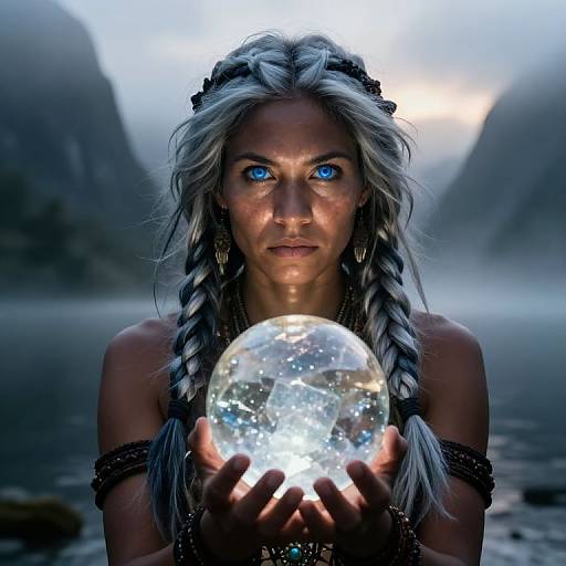 Digital art of a fierce woman with blue eyes, silver braided hair, holding a glowing crystal orb, set against a misty mountain lake at sunrise