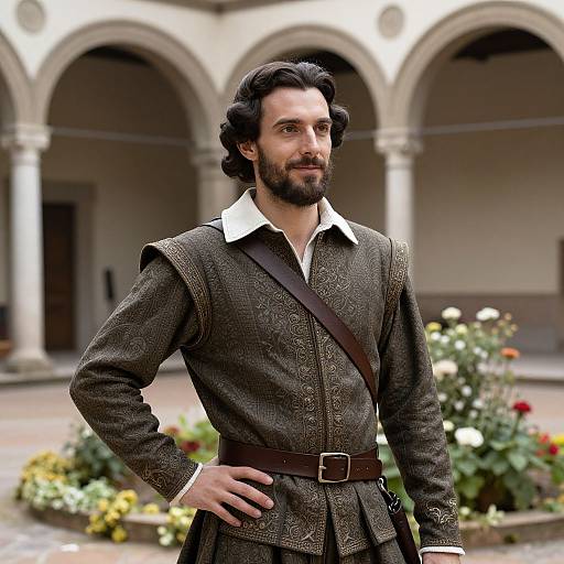 Photorealistic image of a bearded man with curly black hair, wearing a brown, textured Renaissance-style shirt with a white collar, brown belt,