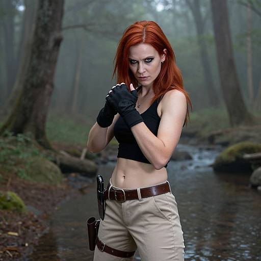 Fierce Red-Haired Woman in Misty Forest
