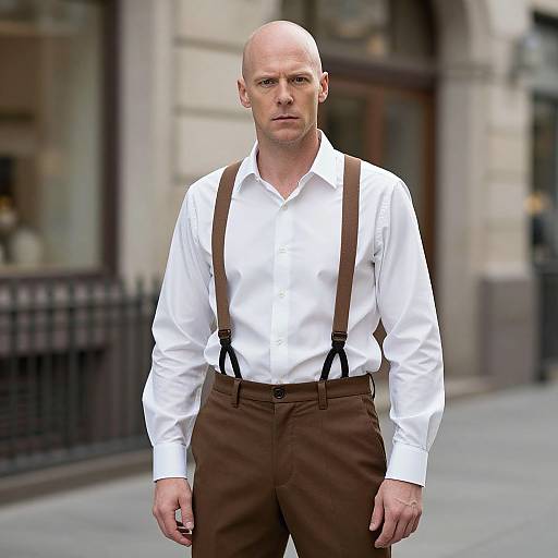 Bald, fair-skinned man with serious expression, wearing white shirt, brown suspenders, and brown pants, standing on urban sidewalk. Photoreal