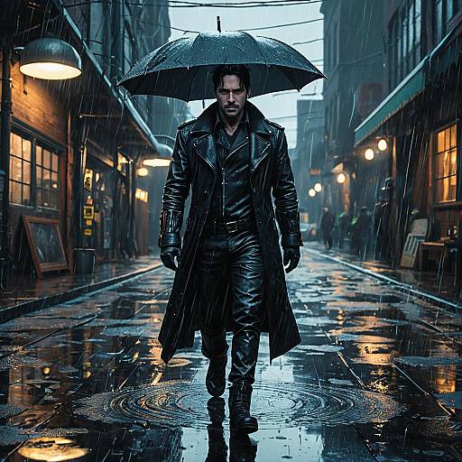 Industrial Goth Man Walking in Rain with Umbrella