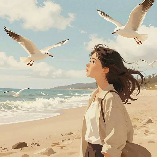 Digital anime-style artwork of a young woman with long black hair, wearing a white blouse, standing on a sunny beach, gazing at three seag