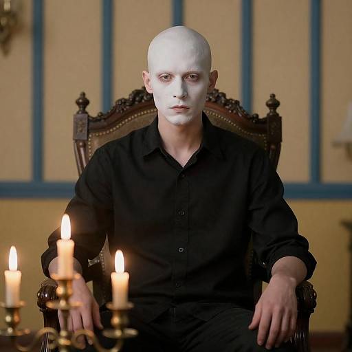 Man with White Face Paint Sitting in Ornate Chair