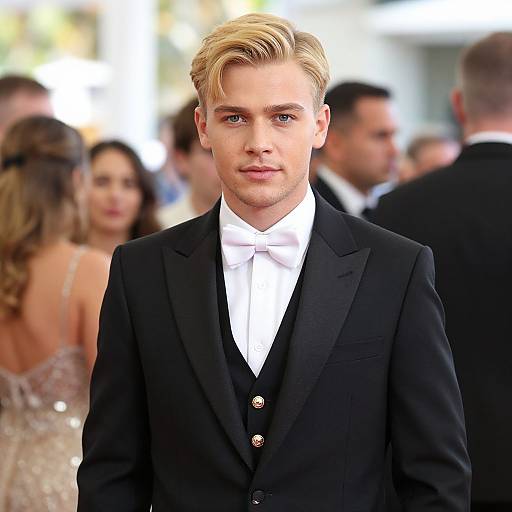 Photograph of a handsome young man with blond hair, wearing a black tuxedo with white bow tie, standing in a blurred, elegant crowd at