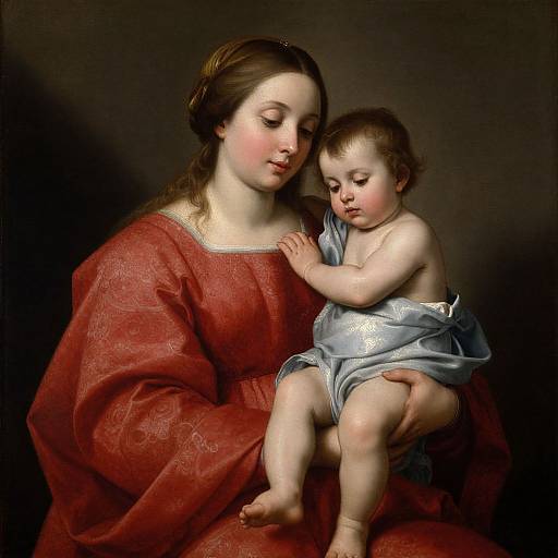 Baroque-style painting of a fair-skinned woman in a red gown holding a fair-skinned, chubby baby in a blue diaper, both gazing