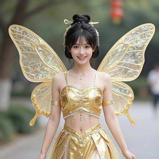 Photograph of an Asian woman with black hair in an updo, wearing a gold fairy costume with transparent wings, smiling outdoors.