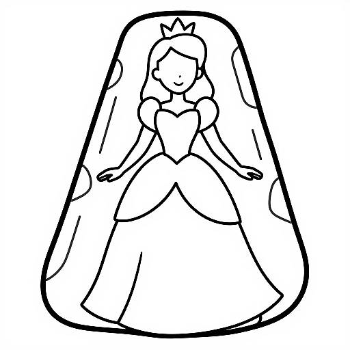 Black and white line drawing of a princess with a long gown and flowing hair, standing in a large, oval frame. Simple, minimalistic style.