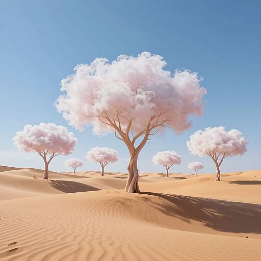 Digital art of a desert with six white, fluffy-topped trees casting long shadows on golden sand dunes under a clear blue sky.
