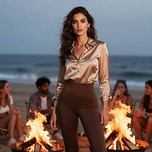 Confident Chic Woman at Beach Bonfire