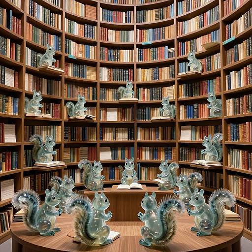 Photograph of a library with curved wooden bookshelves filled with colorful books, featuring 17 blue, glass squirrel sculptures arranged on a wooden table in