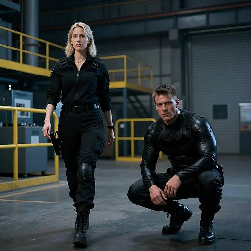 Blue-Lit Industrial Warehouse: Tactical Vigilantes Encounter