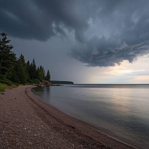 Photograph of a pebbled shoreline with calm water, dense evergreen forest, and dramatic cloudy sky at sunset.