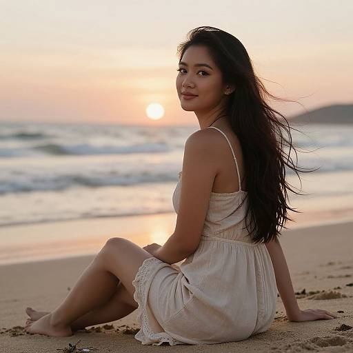 Photograph of an Asian woman with long black hair, wearing a white sundress, sitting on a sandy beach at sunset, waves in background.