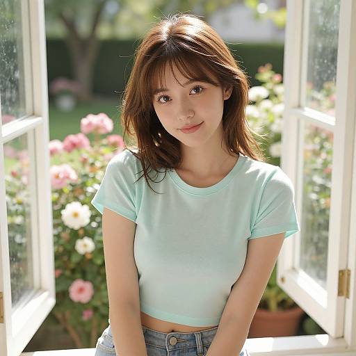 Young Woman on Sunny Garden Balcony