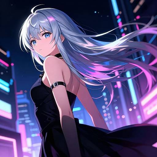 Silver-Haired Anime Girl in Neon City