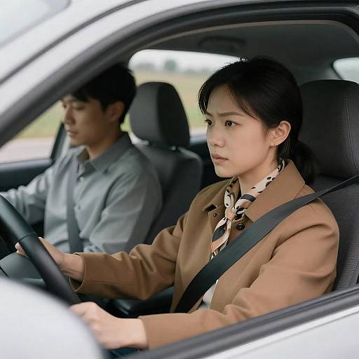 Serious Woman Driving Car with Male Passenger