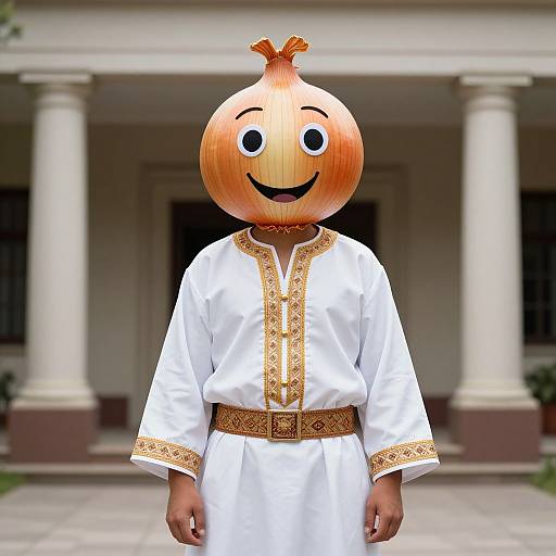 Photograph of a person wearing a white, embroidered tunic and a pumpkin mask with a smiling face, standing in front of a classical building with columns