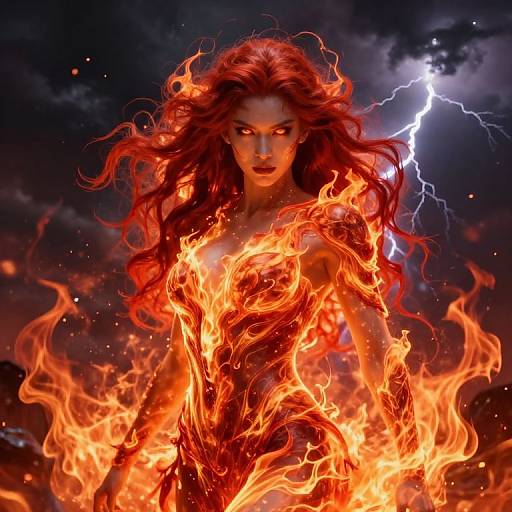 Digital artwork of a fierce, red-haired woman engulfed in fiery flames, with glowing red eyes and lightning in a dark, stormy sky background.