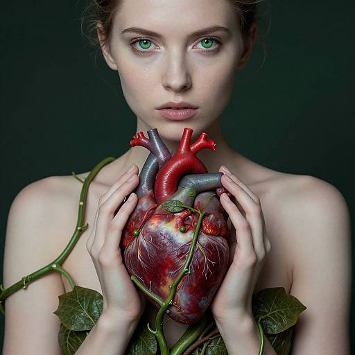 Photograph of a pale-skinned, green-eyed woman with bare shoulders, holding a realistic, blood-stained heart with red and blue arteries, ent