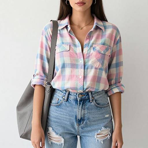 Photograph of a woman with long dark hair, wearing a colorful plaid shirt, rolled sleeves, high-waisted ripped jeans, gray bag,