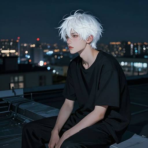 Photograph of a pale-skinned, white-haired anime-style young man in a black shirt and pants, sitting on a rooftop at night with a city