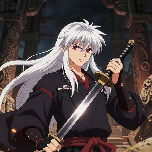 Anime-style drawing of a white-haired, red-eyed male samurai with a serious expression, holding a glowing sword, wearing a black kimono with red