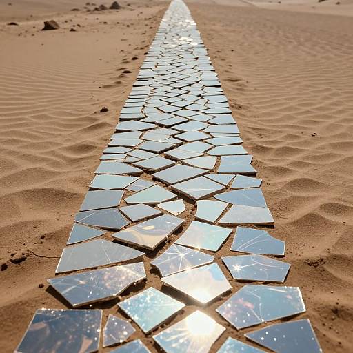 Photograph of a narrow, reflective, mosaic pathway made of irregularly shaped blue mirror tiles stretching through golden, rippled sand dunes.