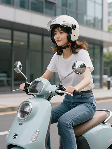 Woman Riding Light Blue Scooter in Urban Setting
