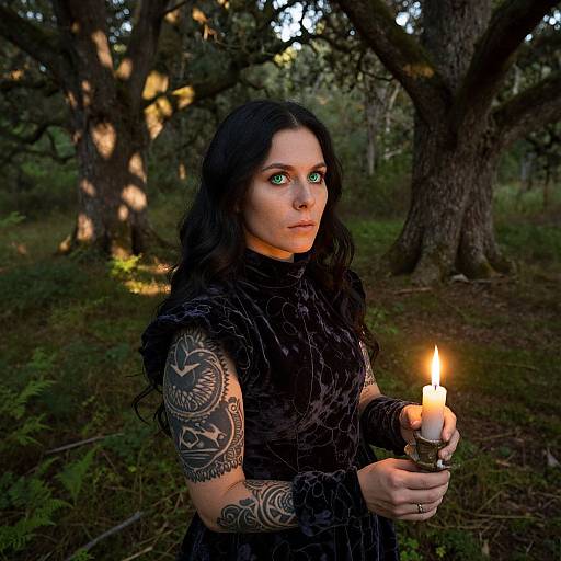 Photograph of a woman with long black hair, green eyes, and intricate black tattoos, holding a lit candle in a forest.
