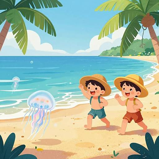 Cartoon-style drawing of two boys in straw hats and swim trunks running on a sandy beach, with a jellyfish in the clear blue ocean and