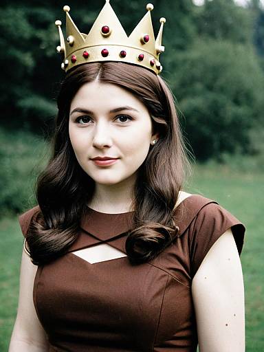 Photograph of a fair-skinned woman with brown hair, wearing a gold crown with red jewels, a brown dress, and standing in a green,